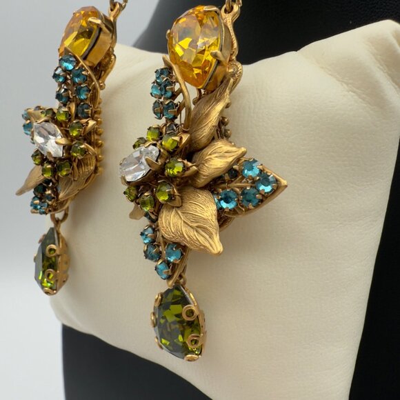 Ben Amun Signed BJ Gold Tone Filigree Crystal Dangle Drop Earrings Statement - Picture 3 of 11